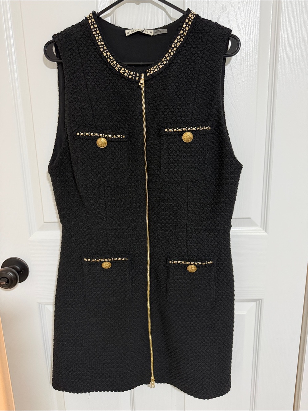 Alice + Olivia Black Tweed Mini Dress with Gold Trim